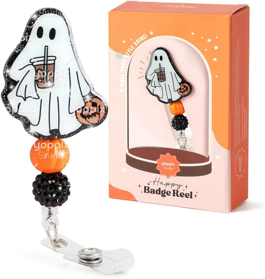 YOPPIX Halloween Badge Reel, Pumpkin Ghost Sparkly Glitter Retractable Badge Reel for Nurses RN EN Doctor Paramedic Teachers Medical Office Womens