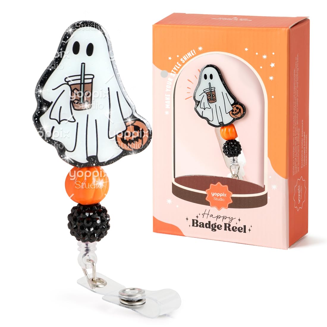 YOPPIX Halloween Badge Reel, Pumpkin Ghost Sparkly Glitter Retractable Badge Reel for Nurses RN EN Doctor Paramedic Teachers Medical Office Womens