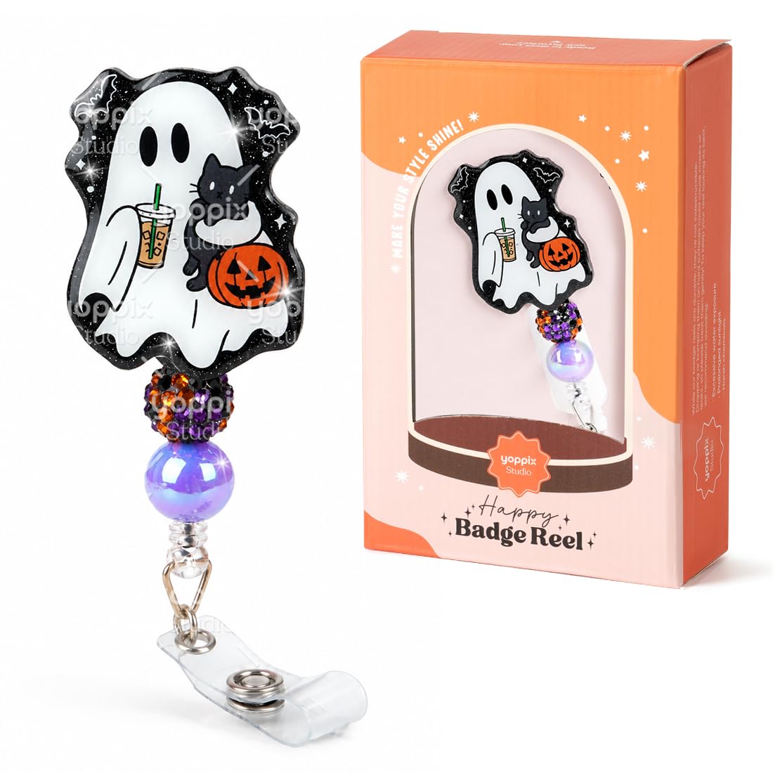 YOPPIX Halloween Badge Reel, The IV Ghost Sparkly Glitter Retractable Badge Reel for Nurses RN EN Doctor Paramedic Teachers Medical Office Womens