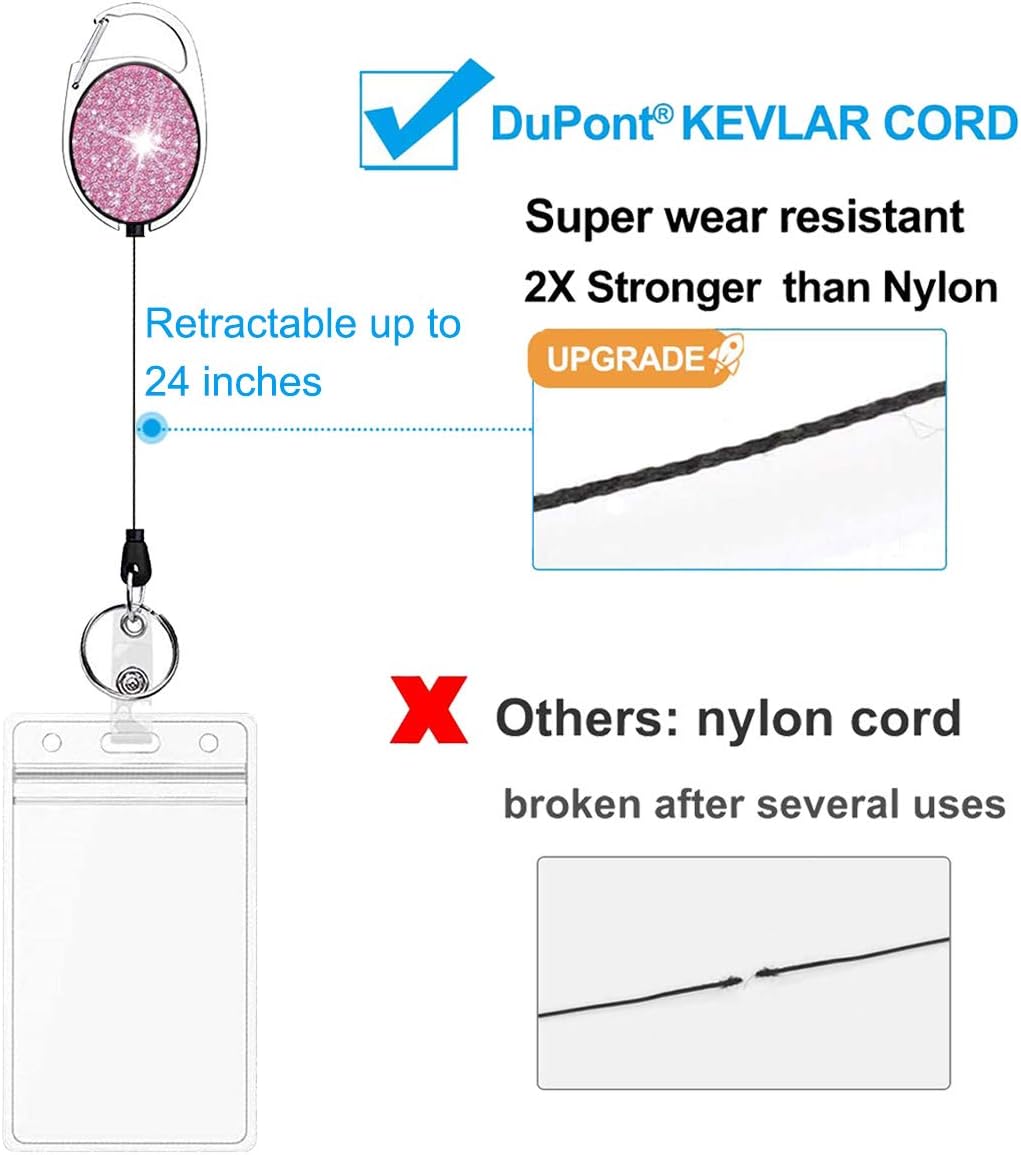Rhinestone Retractable Badge Holder Reels with Belt Clip & Key Ring 4-Pack