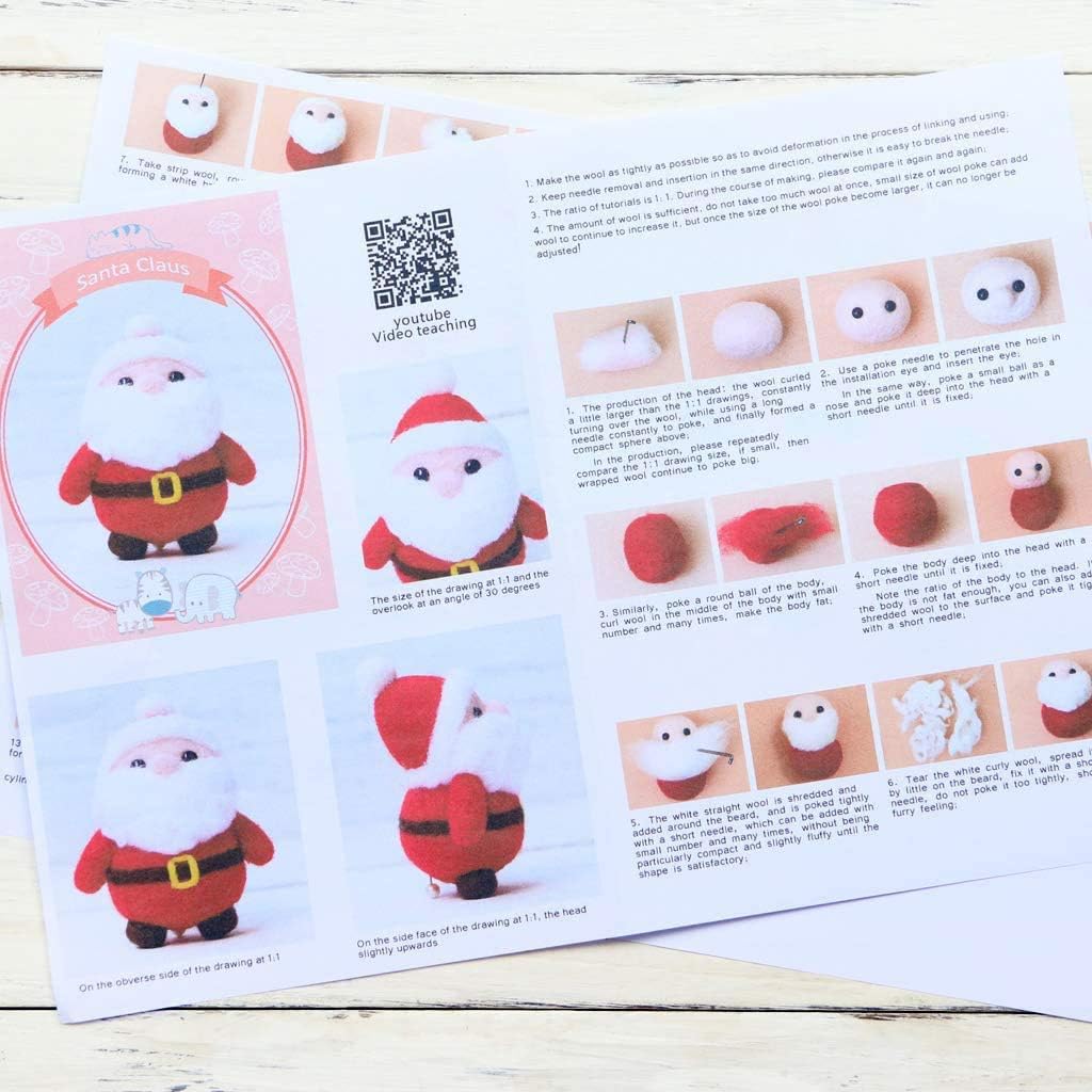 Szecl Santa Claus Wool Felting Kit Tool Supplies with Gift Box, Christmas Needle Felting Kit Beginner DIY Non Finished Poked Set Xmas Ornaments, 4Pcs Needles, 2Pcs Eyes, Felting Foam Mat, Instruction