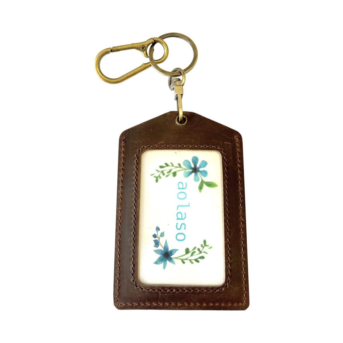 Badge Holder, Handmade Leather ID Card Badge Holder with Carabiner Clip
