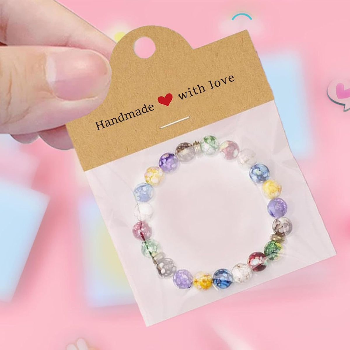100Pcs Jewelry Packaging for Small Business, Handmade with Love Jewelry Display Cards with Clear Bags for Selling, Small Craft Packaging Set for Bracelets, Key Chains, Earring (Kraft)