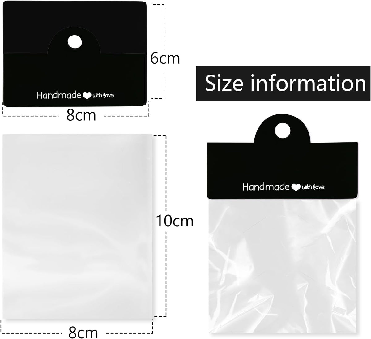 100PCS Bracelet Display Cards with 100PCS Jewelry Bags,Thick Clear Packaging Bags for Small Business,Bracelet,Keychain,Charms,Earrings,Car Coaster (Black)