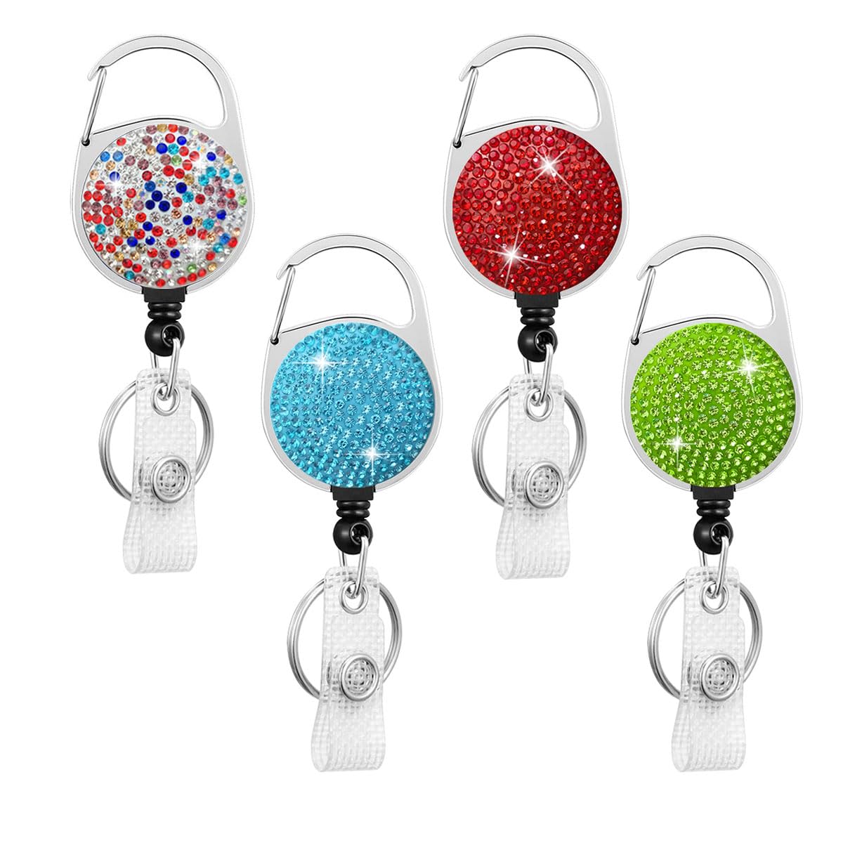 Rhinestone Retractable Badge Holder Reels with Belt Clip & Key Ring 4-Pack