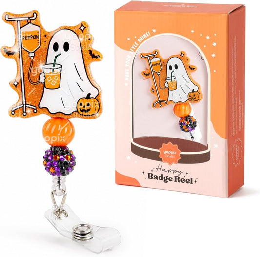 YOPPIX Halloween Badge Reel, The IV Ghost Sparkly Glitter Retractable Badge Reel for Nurses RN EN Doctor Paramedic Teachers Medical Office Womens