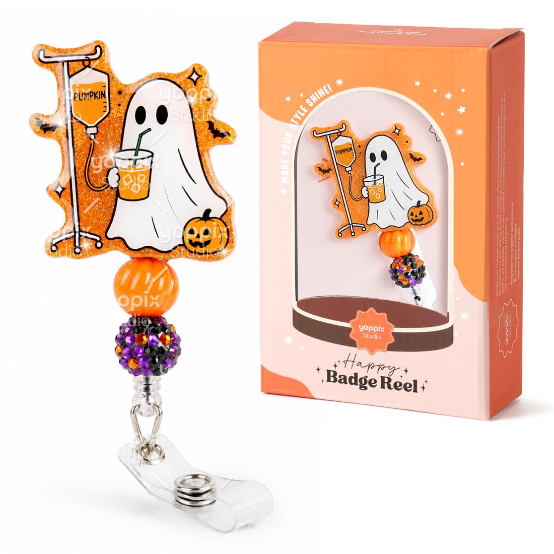 YOPPIX Halloween Badge Reel, The IV Ghost Sparkly Glitter Retractable Badge Reel for Nurses RN EN Doctor Paramedic Teachers Medical Office Womens