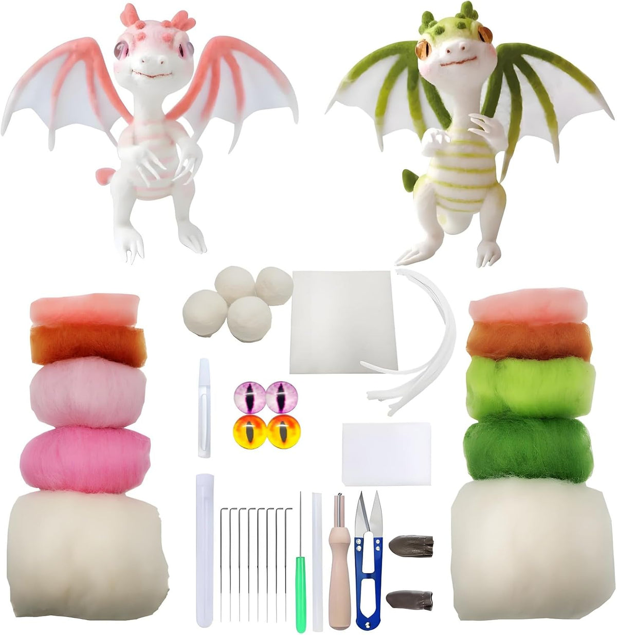 Needle Felting Kits for Beginners, Green and Pink Dragon Wool Felt Project