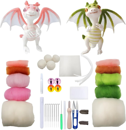 Needle Felting Kits for Beginners, Green and Pink Dragon Wool Felt Project