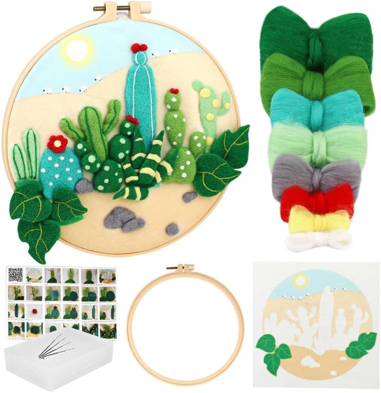 Wonafa DIY Wool Needle Felt Starter Kit, Beginner Needle Felt Kit with Wool Felt Bag, Felts Needles, Photo Frame, Foam Mat, Felts Cloth and Instructions for Home Decor, Art Crafts (K2)