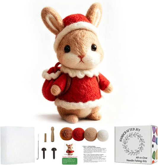 DIY Needle Felting Kit Christmas Santa Bunny – Needle Felting Starter Kit with Fiber Roving, Needles, Felting Pad & Instructions | Felted Animal Kit for Beginners Adults Holiday DIY Craft Gift