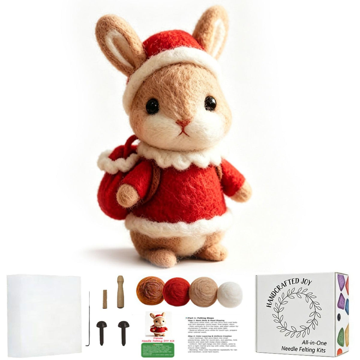 DIY Needle Felting Kit Christmas Santa Bunny – Needle Felting Starter Kit with Fiber Roving, Needles, Felting Pad & Instructions | Felted Animal Kit for Beginners Adults Holiday DIY Craft Gift