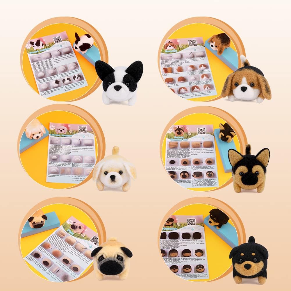 Needle Felt Starter Kit, 6 Pieces Dog Wool Needle Felting Kit, Needles Felting Supplies with Instruction,Felting Foam Mat, Wool Felting Kit for DIY Craft Animal Home Decoration