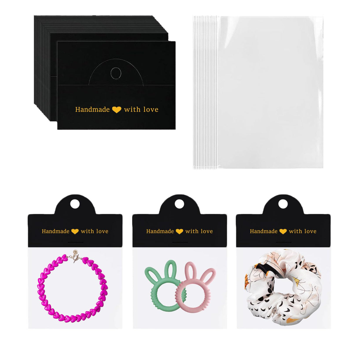 100Pcs Jewelry Packaging for Small Business, Handmade with Love Jewelry Display Cards with Clear Bags for Selling, Small Craft Packaging Set for Bracelets, Key Chains, Earring (Kraft)