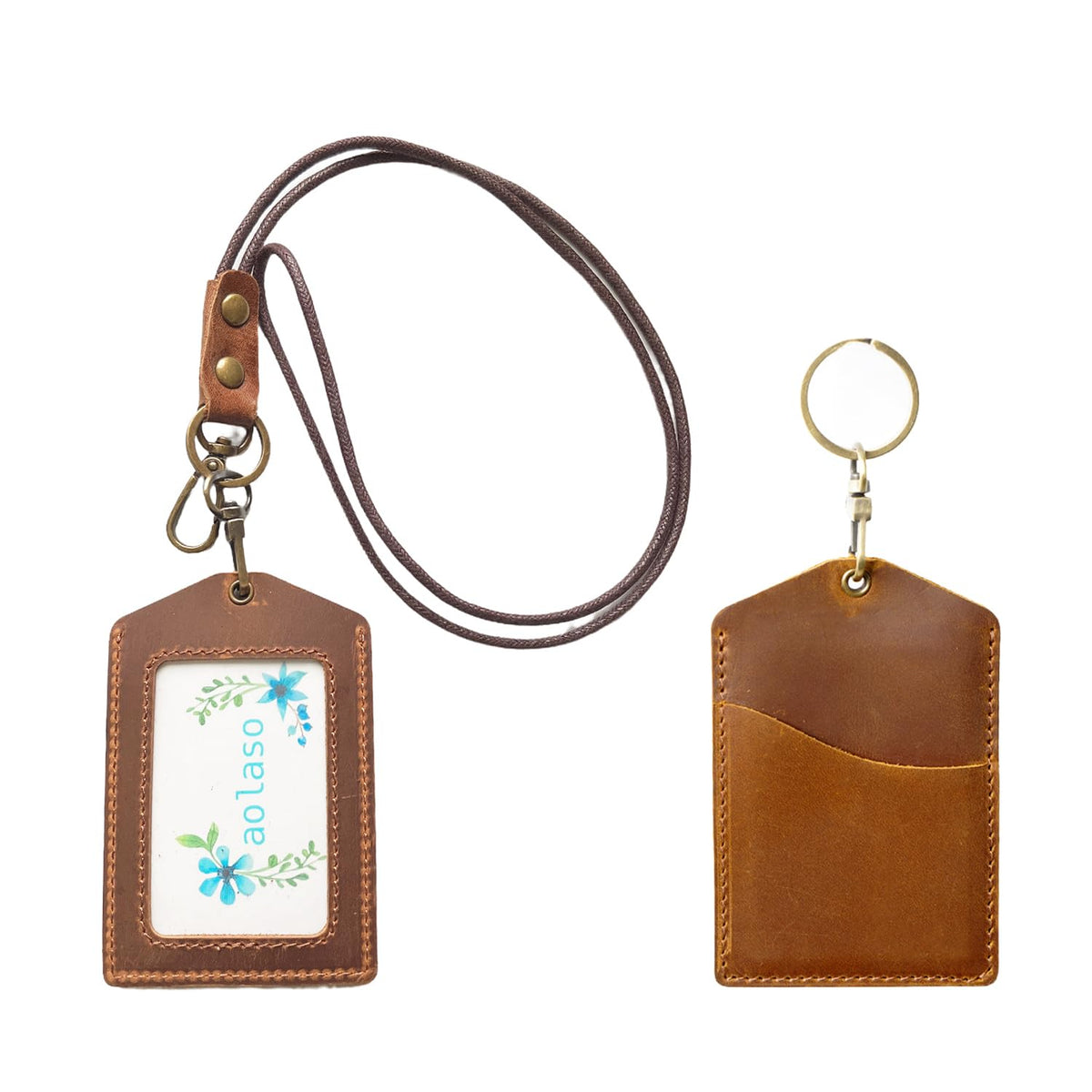 Badge Holder, Handmade Leather ID Card Badge Holder with Carabiner Clip