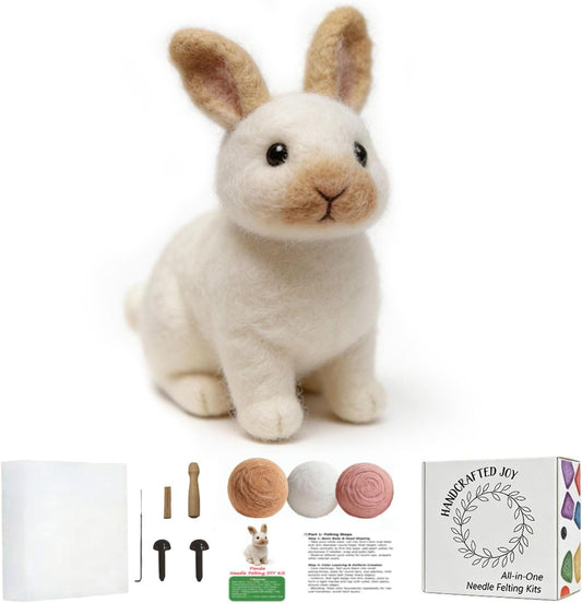 FACE N FACE DIY Needle Felting Kit Realistic White Rabbit Tan Ears – Needle Felting Starter Kit with Fiber Roving, Needles, Felting Pad & Instructions | Felted Rabbit Animal Kit for Beginners Adults