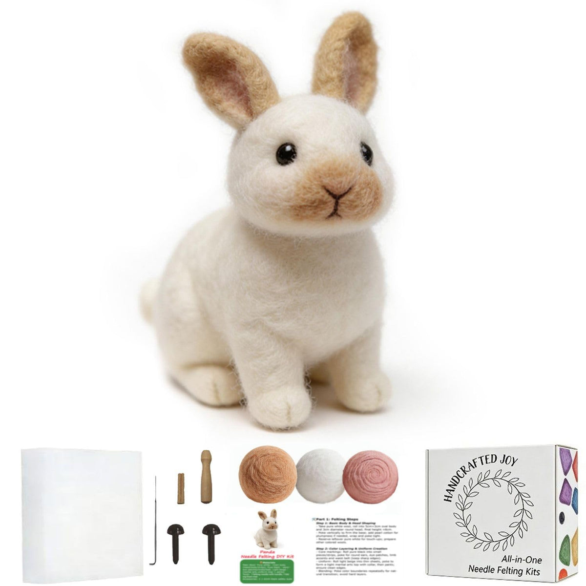 FACE N FACE DIY Needle Felting Kit Realistic White Rabbit Tan Ears – Needle Felting Starter Kit with Fiber Roving, Needles, Felting Pad & Instructions | Felted Rabbit Animal Kit for Beginners Adults