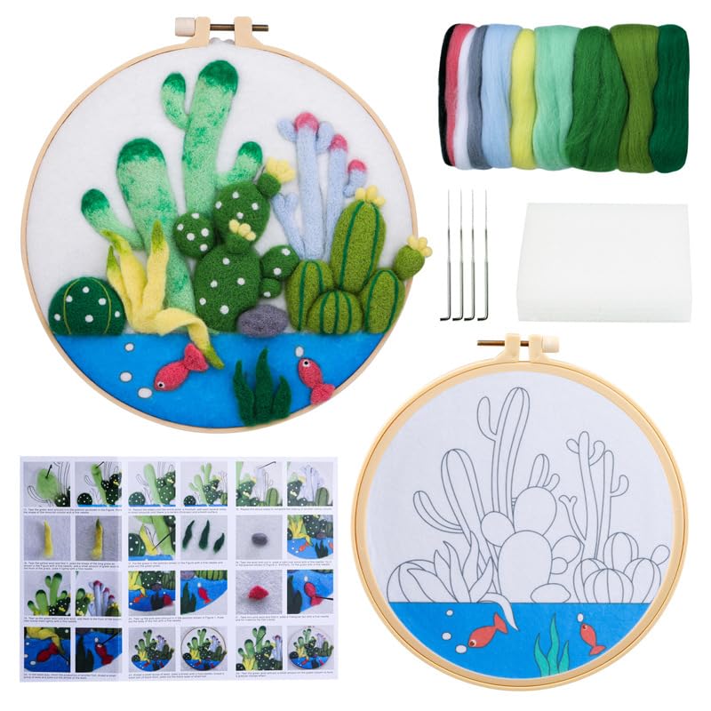 Wonafa DIY Wool Needle Felt Starter Kit, Beginner Needle Felt Kit with Wool Felt Bag, Felts Needles, Photo Frame, Foam Mat, Felts Cloth and Instructions for Home Decor, Art Crafts (K2)