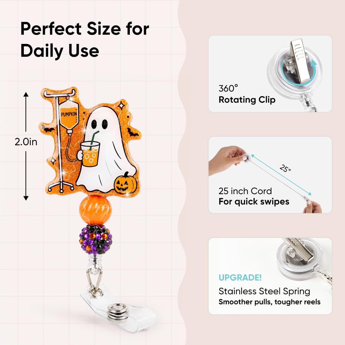 YOPPIX Halloween Badge Reel, The IV Ghost Sparkly Glitter Retractable Badge Reel for Nurses RN EN Doctor Paramedic Teachers Medical Office Womens