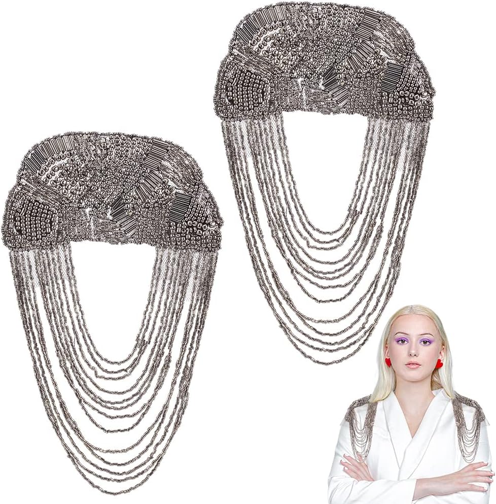 WEBEEDY 2 PCS Handmade Beads Leaves Tassels Patches Epaulets Shoulder Rhinestone Applique Tassel Chain Collar Patches Badge Fringe Shoulder Badge for Wedding Halloween Christmas Dance Costume Gift