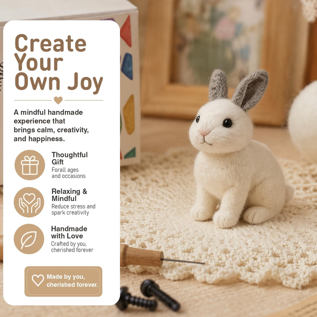 FACE N FACE DIY Needle Felting Kit Realistic White Rabbit Tan Ears – Needle Felting Starter Kit with Fiber Roving, Needles, Felting Pad & Instructions | Felted Rabbit Animal Kit for Beginners Adults