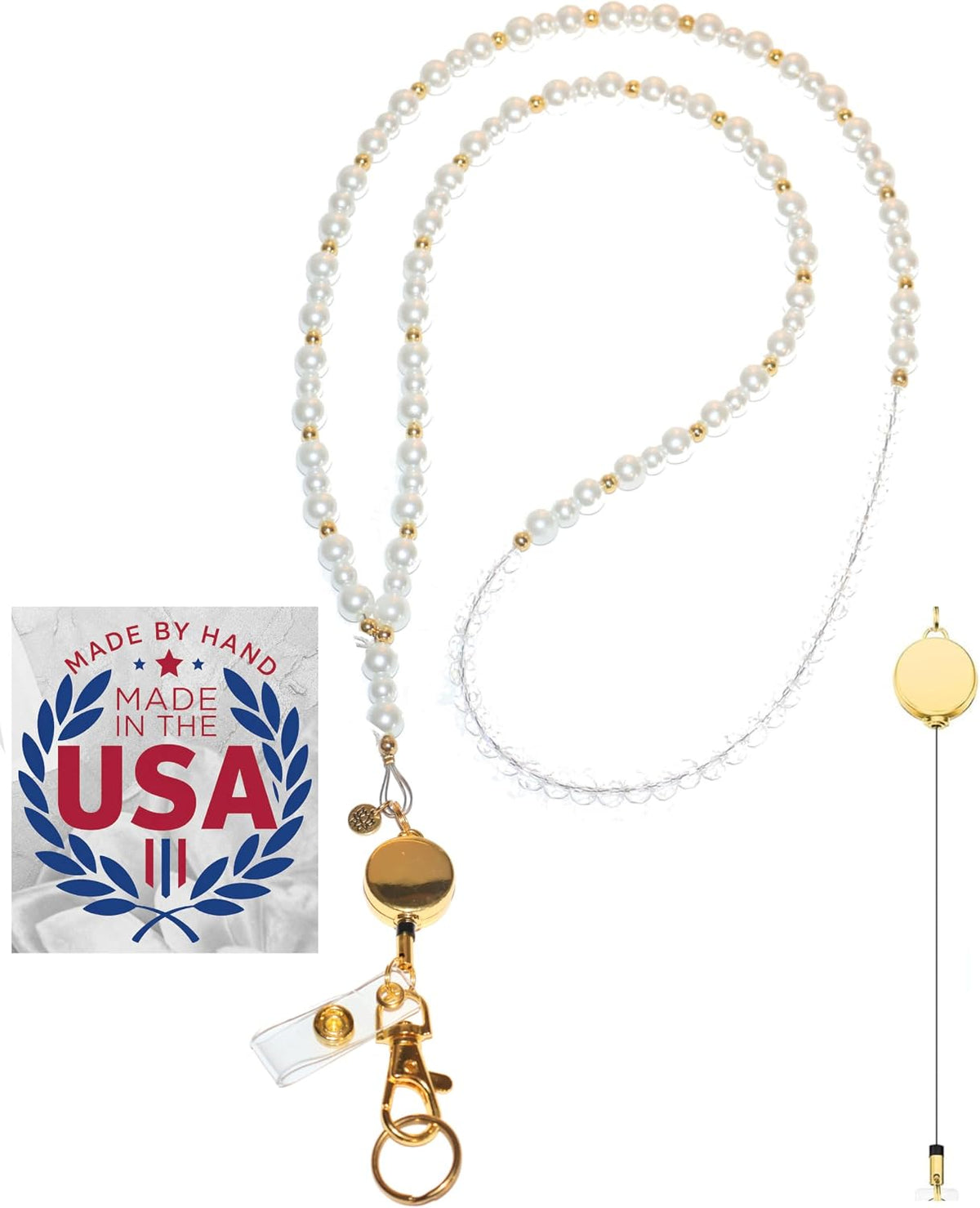 Hidden Hollow Beads Pearl & Gold Women's Handmade in USA Beaded Fashion Lanyard 34" Teacher ID Badge Holder Keys Cruise Phone