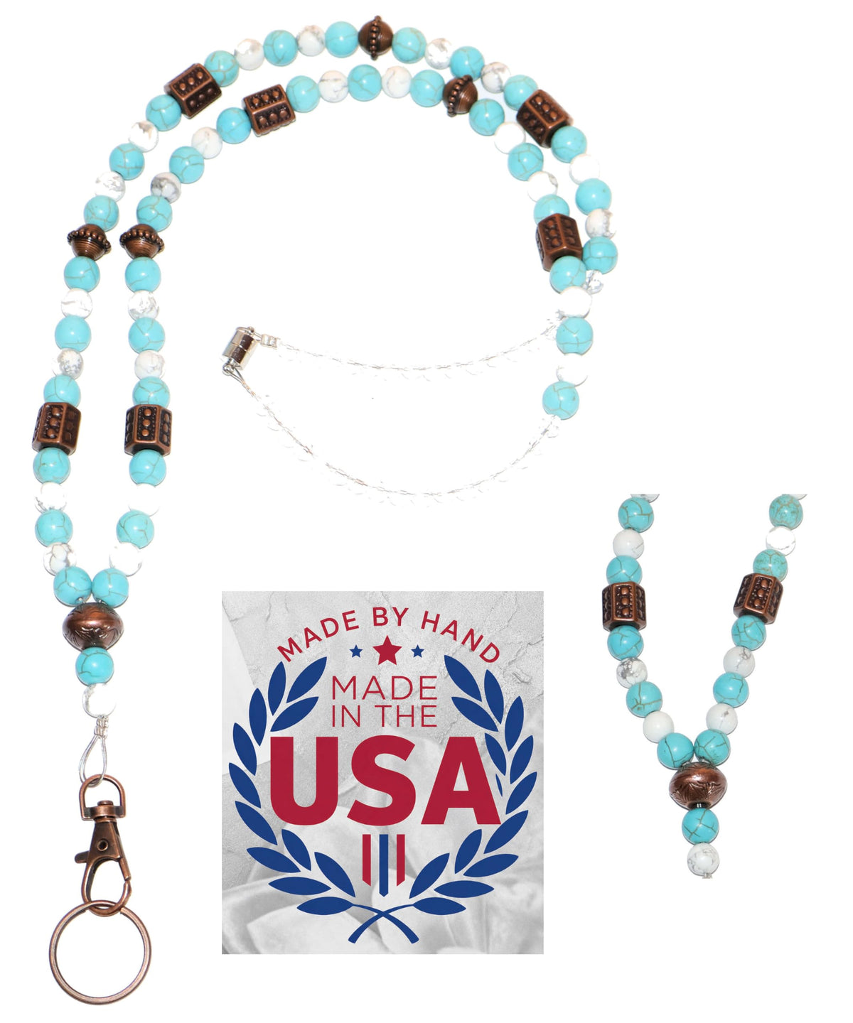 Hidden Hollow Beads Turquoise Women's Hand Beaded Fashion Lanyard 34 Inches, USA, Teacher ID Badge Holder Keys Cruise (Turquoise & Howlite Non Breakaway)