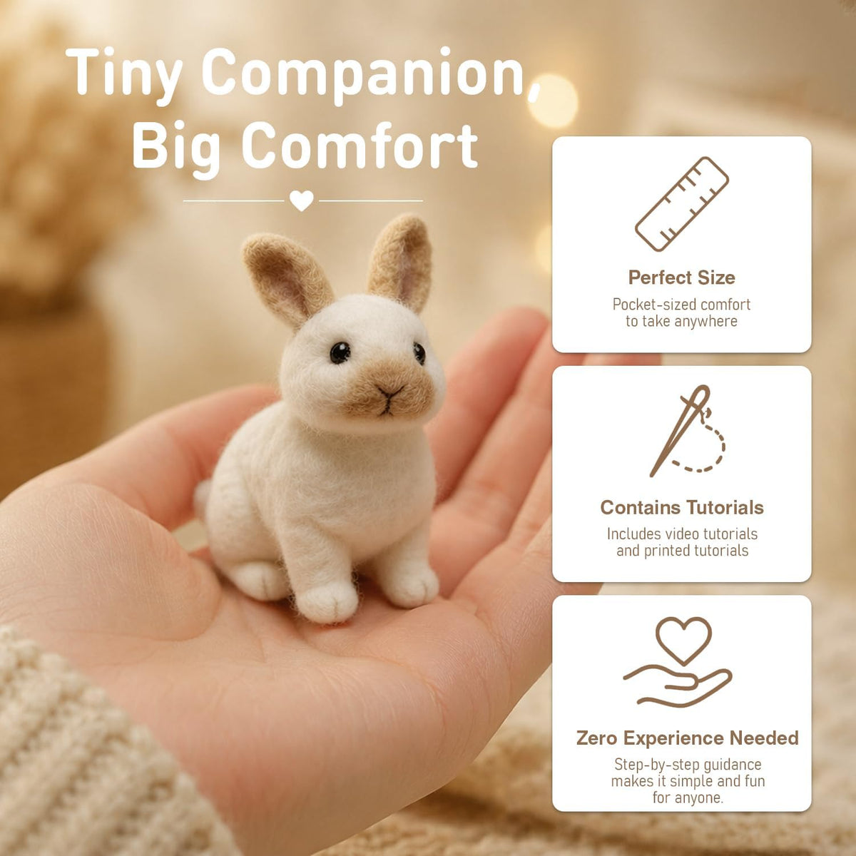 FACE N FACE DIY Needle Felting Kit Realistic White Rabbit Tan Ears – Needle Felting Starter Kit with Fiber Roving, Needles, Felting Pad & Instructions | Felted Rabbit Animal Kit for Beginners Adults