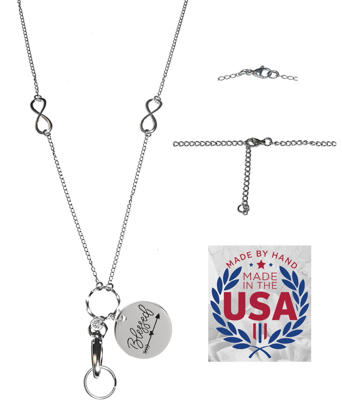 Hidden Hollow Beads Charm Stainless Steel Strong Hand Made USA Women's 34 "Lanyard, ID Badge Card Holder Teacher Nurse Keys