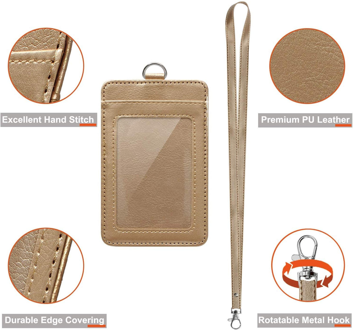 PU Leather ID Badge Holder, Life-Mate ID Badge Holder with 1 Clear ID Window 1 Credit Card Slot and PU Leather Lanyard for Badge Credit Cards College ID Cards in Champagne Gold