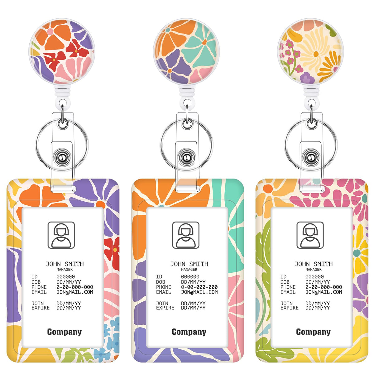 3 Pack Boho Id Badge Holder with Retractable Reel, Vertical ID Card Holder