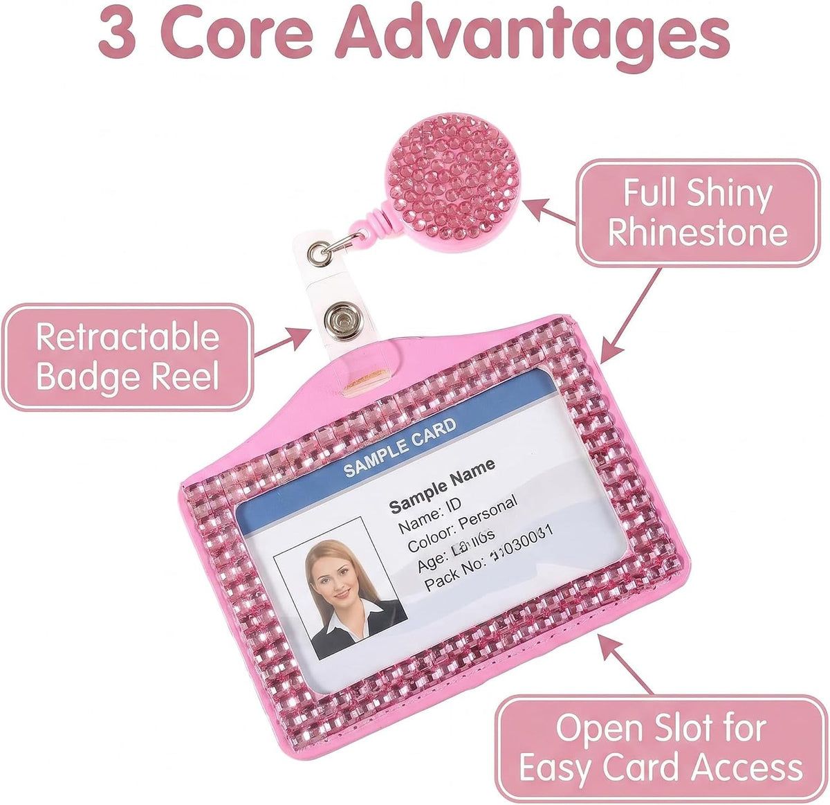 Fashion Premium Baby Pink Crystal Neck Lanyard,Retractable Bling ID Name Badge Holder,Portable Rhinestone Work Badge Reel Clip for Nurse,Teacher,Women,Doctor(Horizotal Card Holder)
