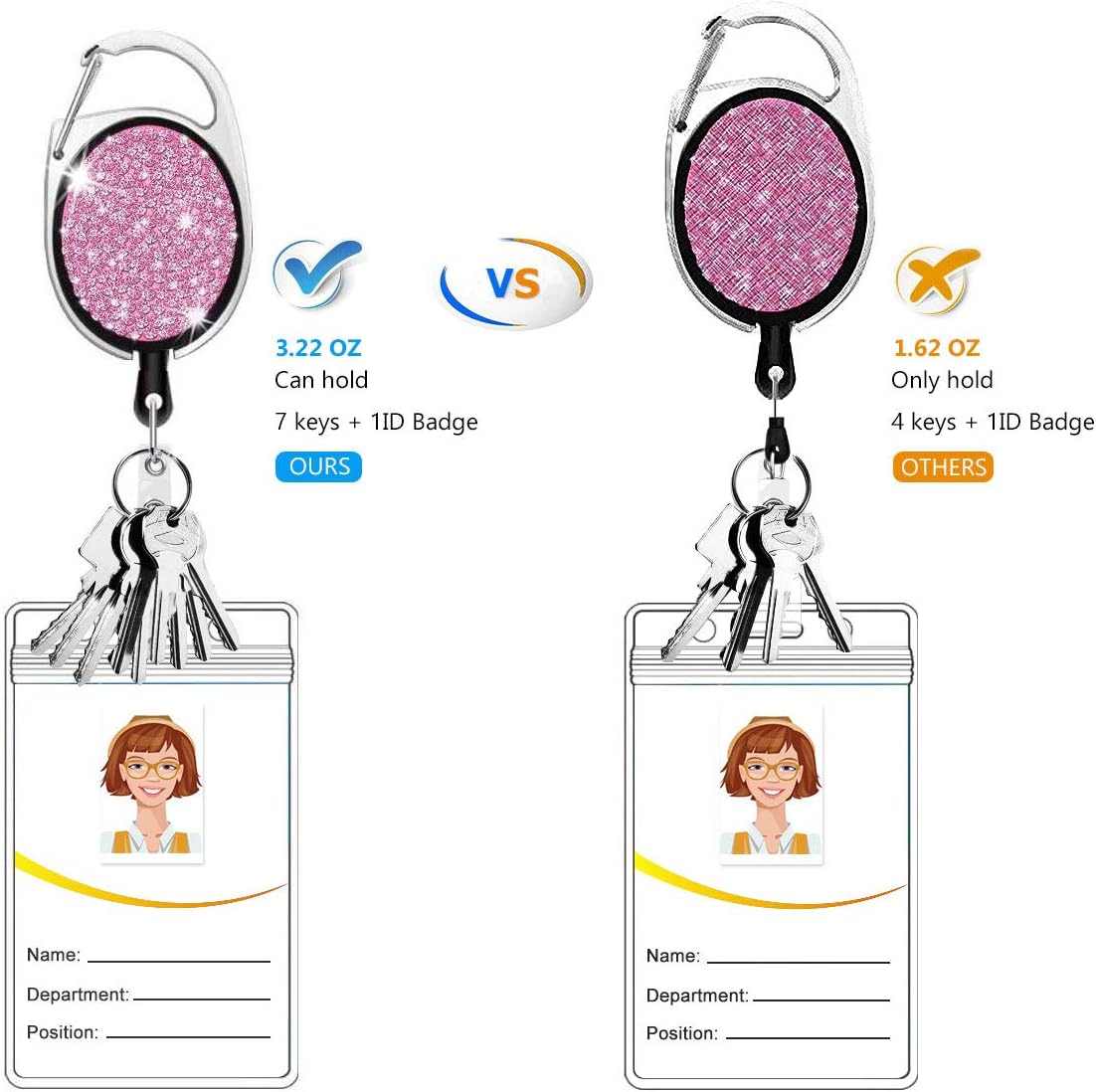 Rhinestone Retractable Badge Holder Reels with Belt Clip & Key Ring 4-Pack