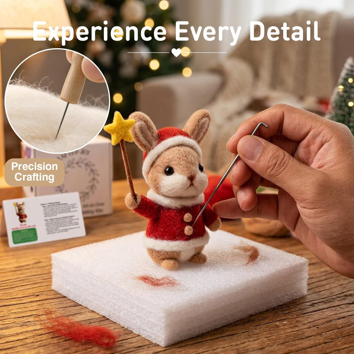 DIY Needle Felting Kit Christmas Santa Bunny – Needle Felting Starter Kit with Fiber Roving, Needles, Felting Pad & Instructions | Felted Animal Kit for Beginners Adults Holiday DIY Craft Gift