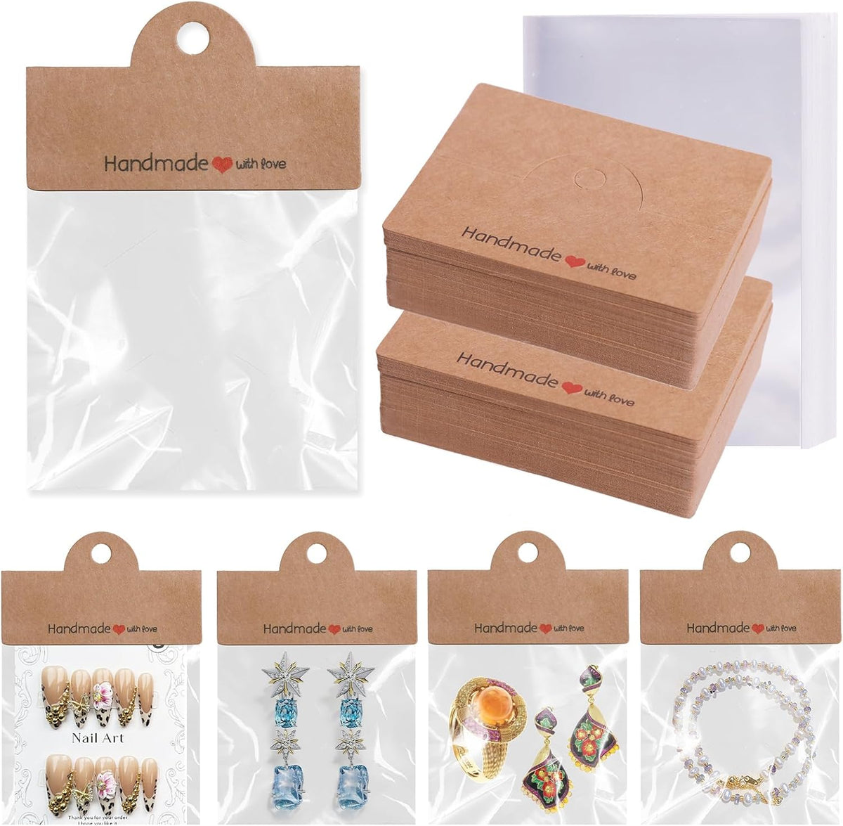 100PCS Bracelet Display Cards with 100PCS Jewelry Bags,Thick Clear Packaging Bags for Small Business,Bracelet,Keychain,Charms,Earrings,Car Coaster (Black)