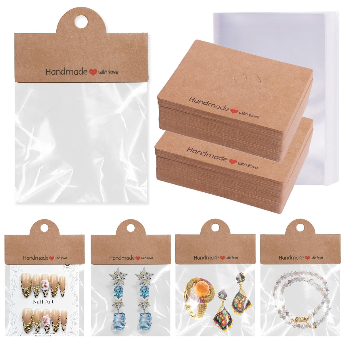 100PCS Bracelet Display Cards with 100PCS Jewelry Bags,Thick Clear Packaging Bags for Small Business,Bracelet,Keychain,Charms,Earrings,Car Coaster (Black)