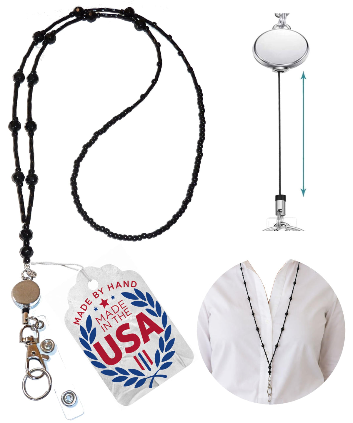 Hidden Hollow Beads Retractable Badge Reel, Women's Beaded Lanyard Strong ID Card Holder, Keys Teacher Nurse Cruise Keychain