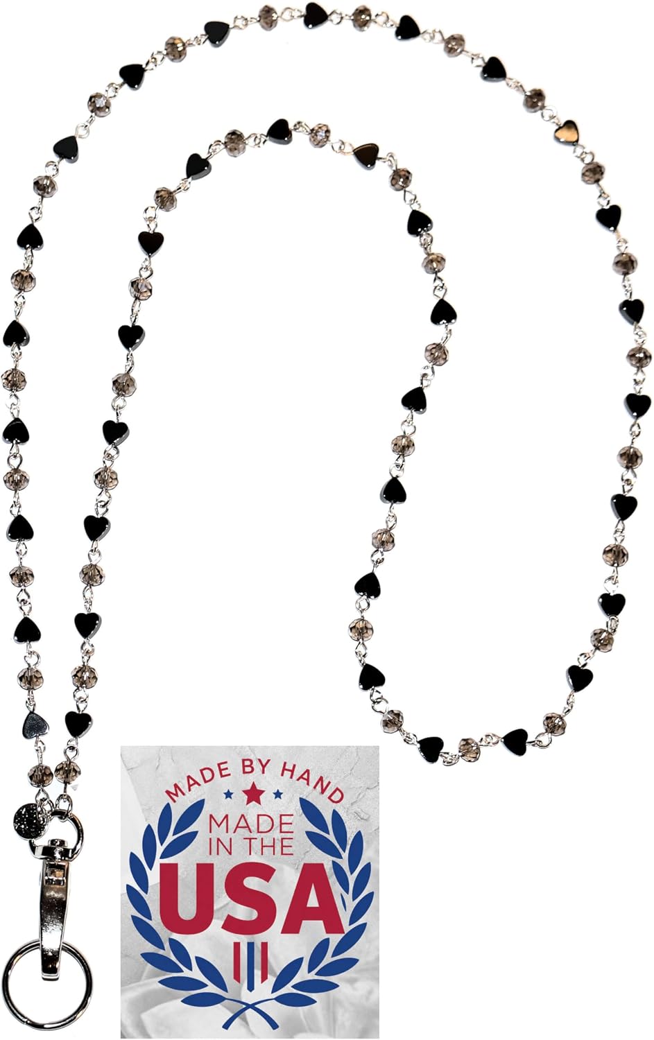 Hidden Hollow Beads Hematite & Crystal Chain Lanyards for ID Card Badge Holder 34", USA Women Teacher Nurse Cruise Keys Cell Phone