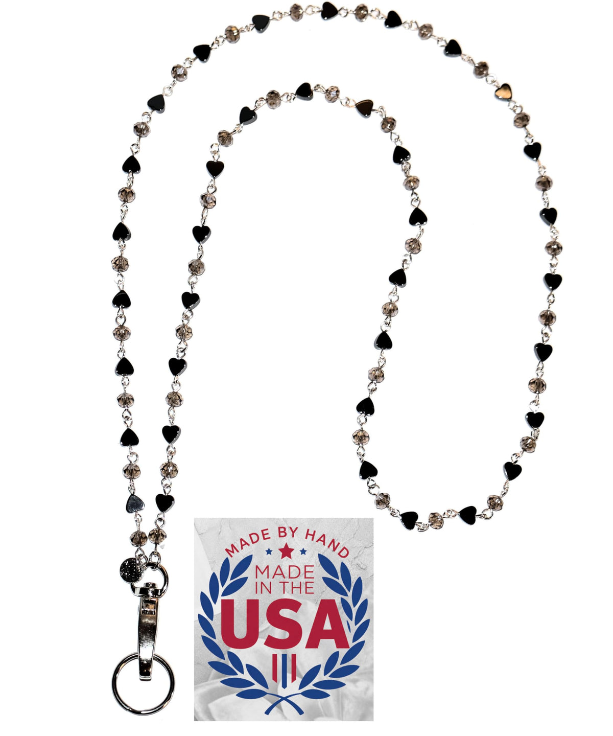 Hidden Hollow Beads Hematite & Crystal Chain Lanyards for ID Card Badge Holder 34", USA Women Teacher Nurse Cruise Keys Cell Phone