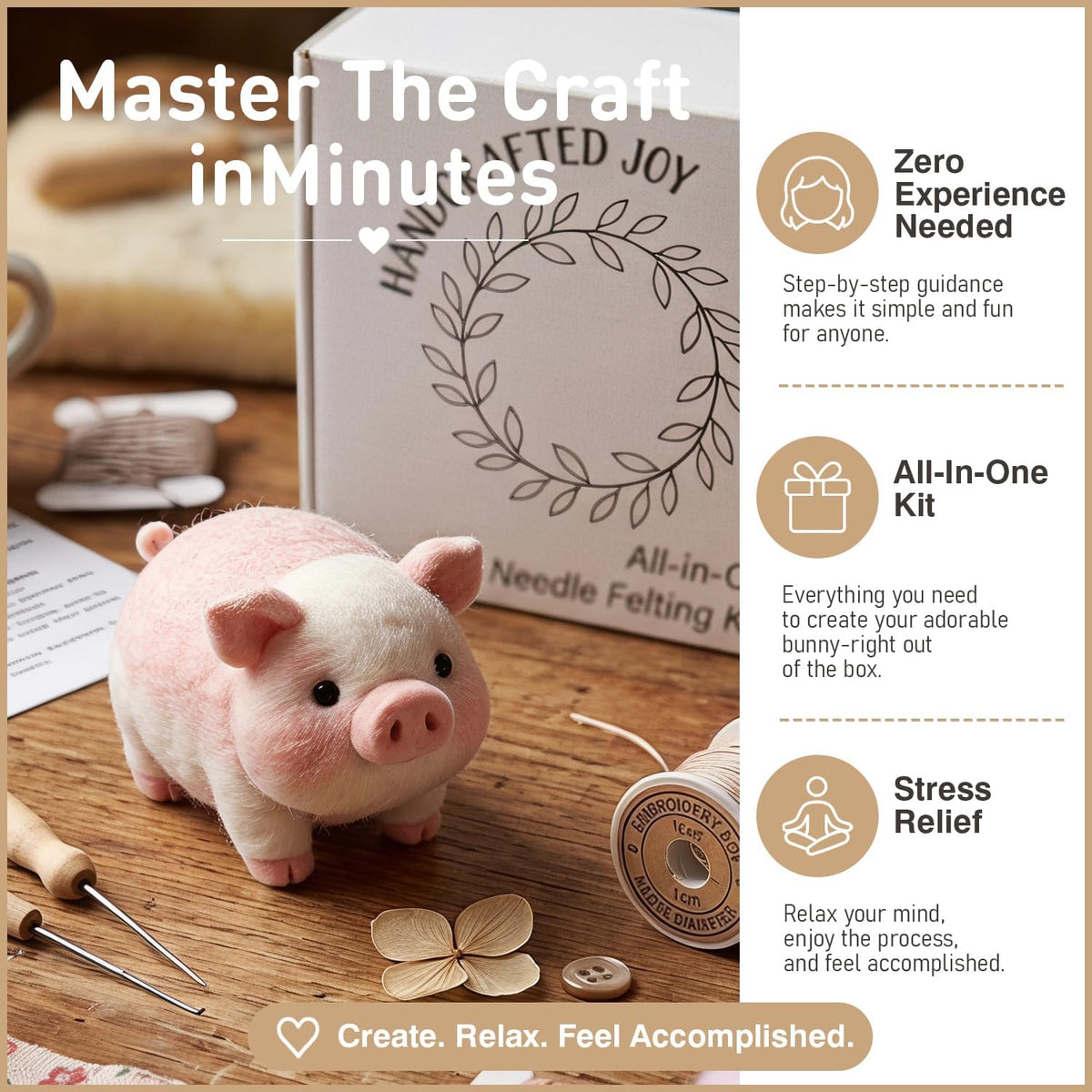 DIY Needle Felting Kit Cute Pink Pig – Needle Felting Starter Kit with Fiber Roving, Needles, Felting Pad & Instructions | Felted Farm Animal Kit for Beginners Adults | DIY Craft Gift Home Decoration