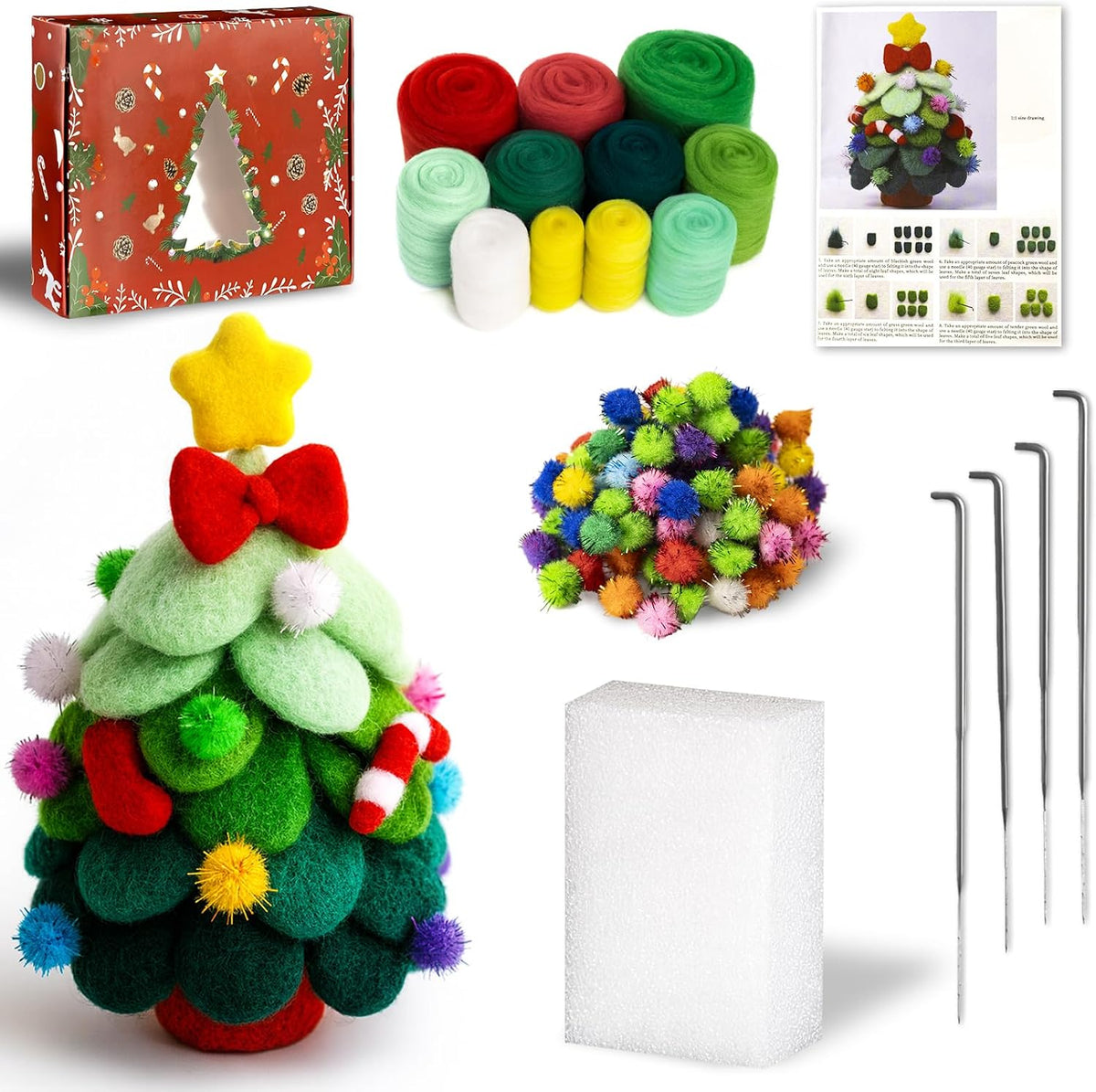 KIDS KING Needle Felting Kit for Handicraft Beginners Teens & Adults – Christmas Tree Felting with Instruction, Material Tools: Wool, Needles, Felting Pad, Home Decorations for Christmas