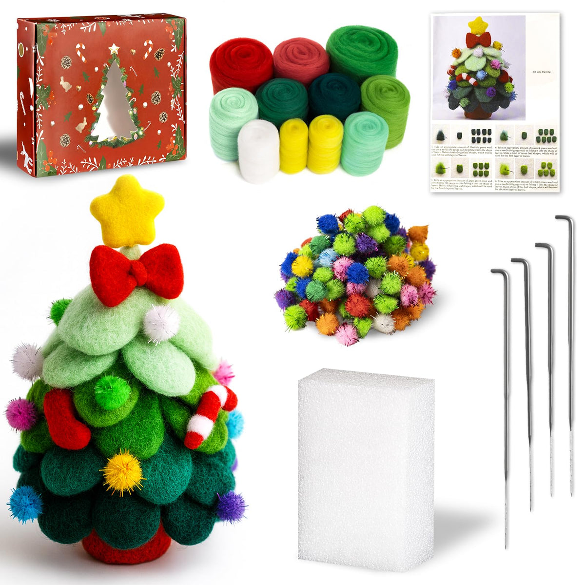 KIDS KING Needle Felting Kit for Handicraft Beginners Teens & Adults – Christmas Tree Felting with Instruction, Material Tools: Wool, Needles, Felting Pad, Home Decorations for Christmas