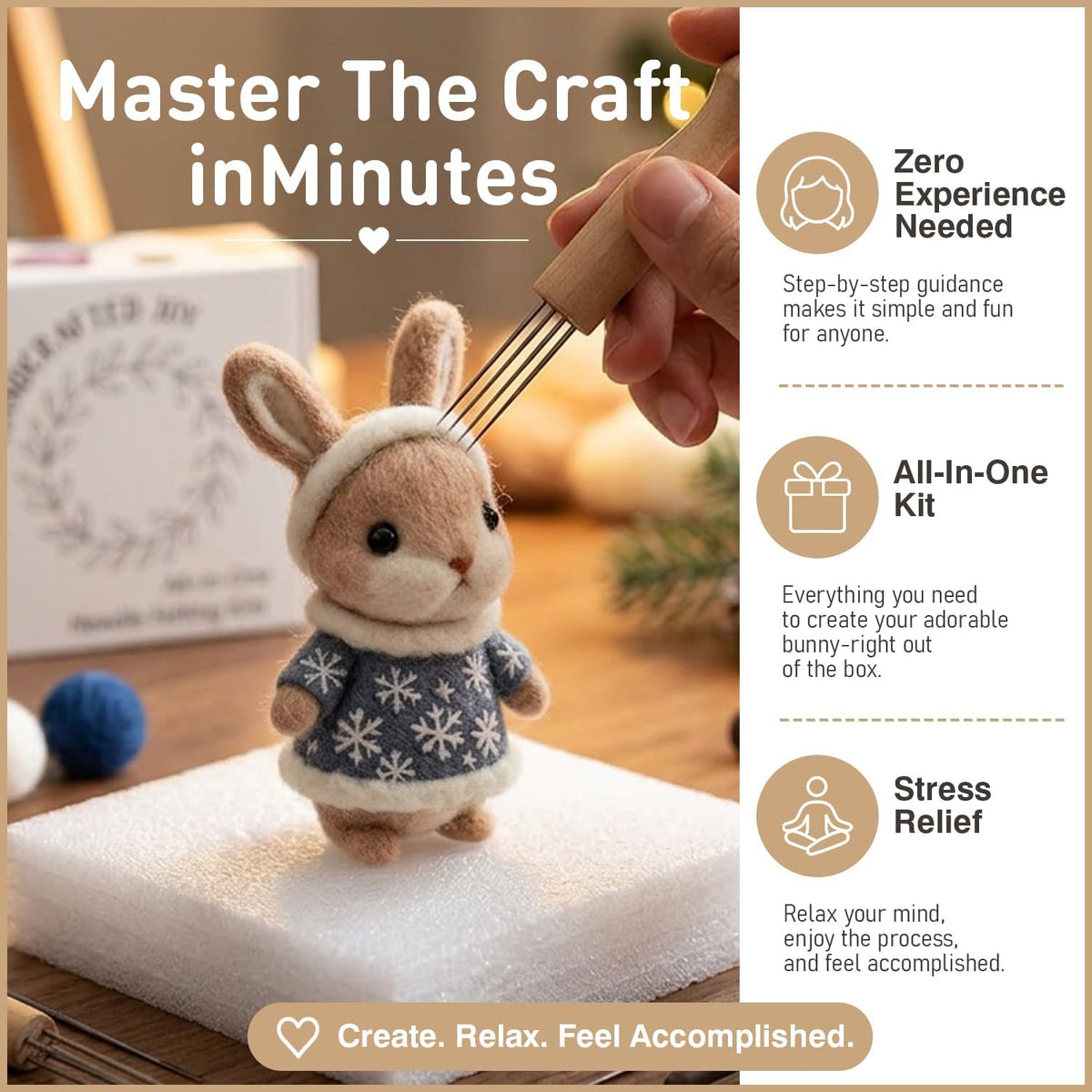 DIY Needle Felting Kit Christmas Santa Bunny – Needle Felting Starter Kit with Fiber Roving, Needles, Felting Pad & Instructions | Felted Animal Kit for Beginners Adults Holiday DIY Craft Gift