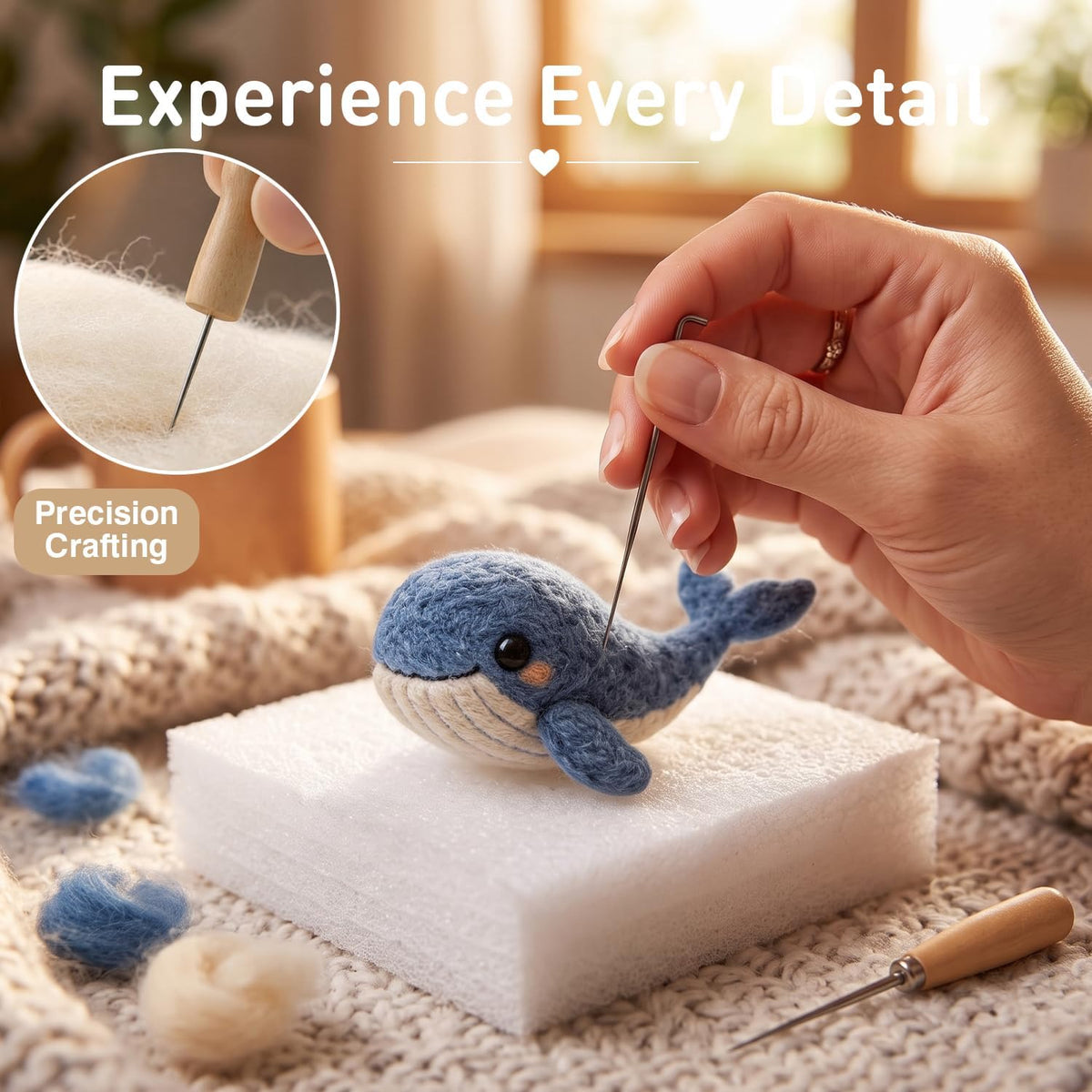 FACE N FACE DIY Needle Felting Kit Cute Blue Whale – Needle Felting Starter Kit with Fiber Roving, Needles, Felting Pad & Instructions | Felted Ocean Animal Kit for Beginners Adults | DIY Craft Gift