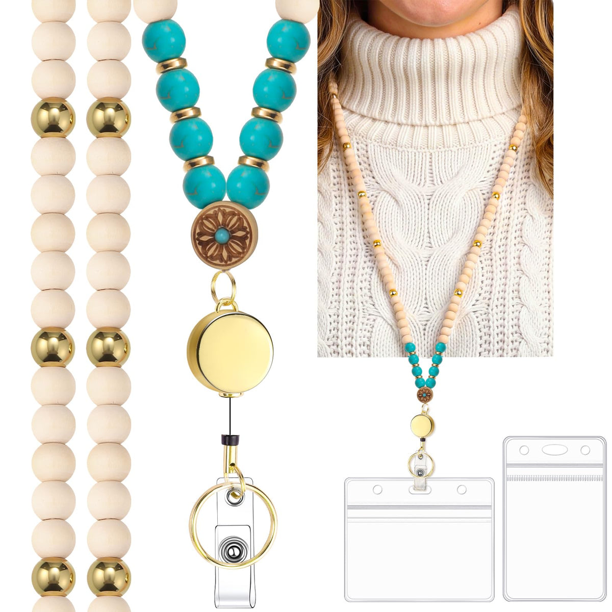 Wooden Beaded Teacher Lanyard Set with Id Holder and Glasses Chain