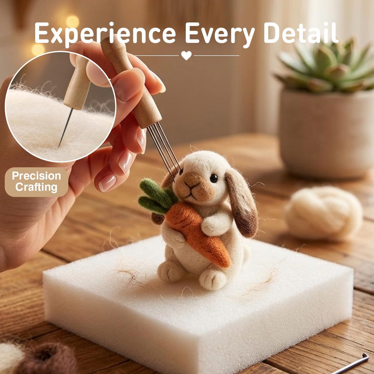 DIY Needle Felting Kit Cute Brown Lop-Eared Bunny Holding Carrot – Needle Felting Starter Kit with Fiber Roving, Needles, Felting Pad & Instructions | Felted Rabbit Kit for Beginners Adults