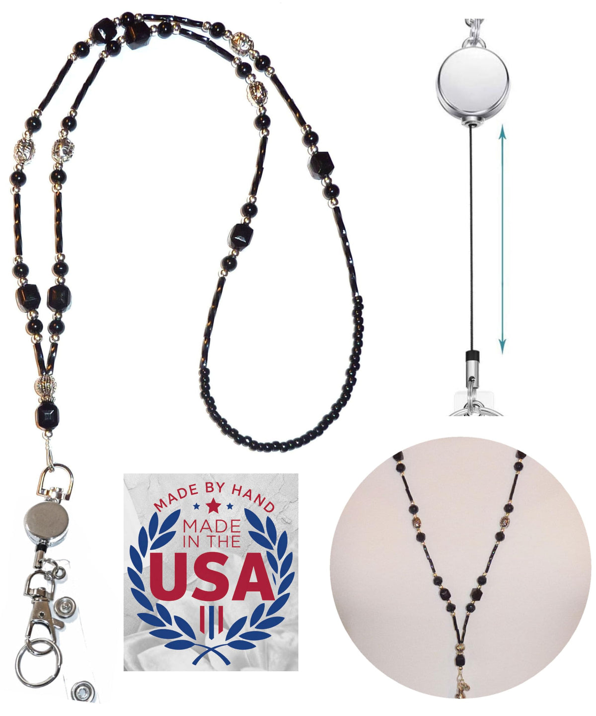 Hidden Hollow Beads Retractable Badge Reel, Women's Beaded Lanyard Strong ID Card Holder, Keys Teacher Nurse Cruise Keychain