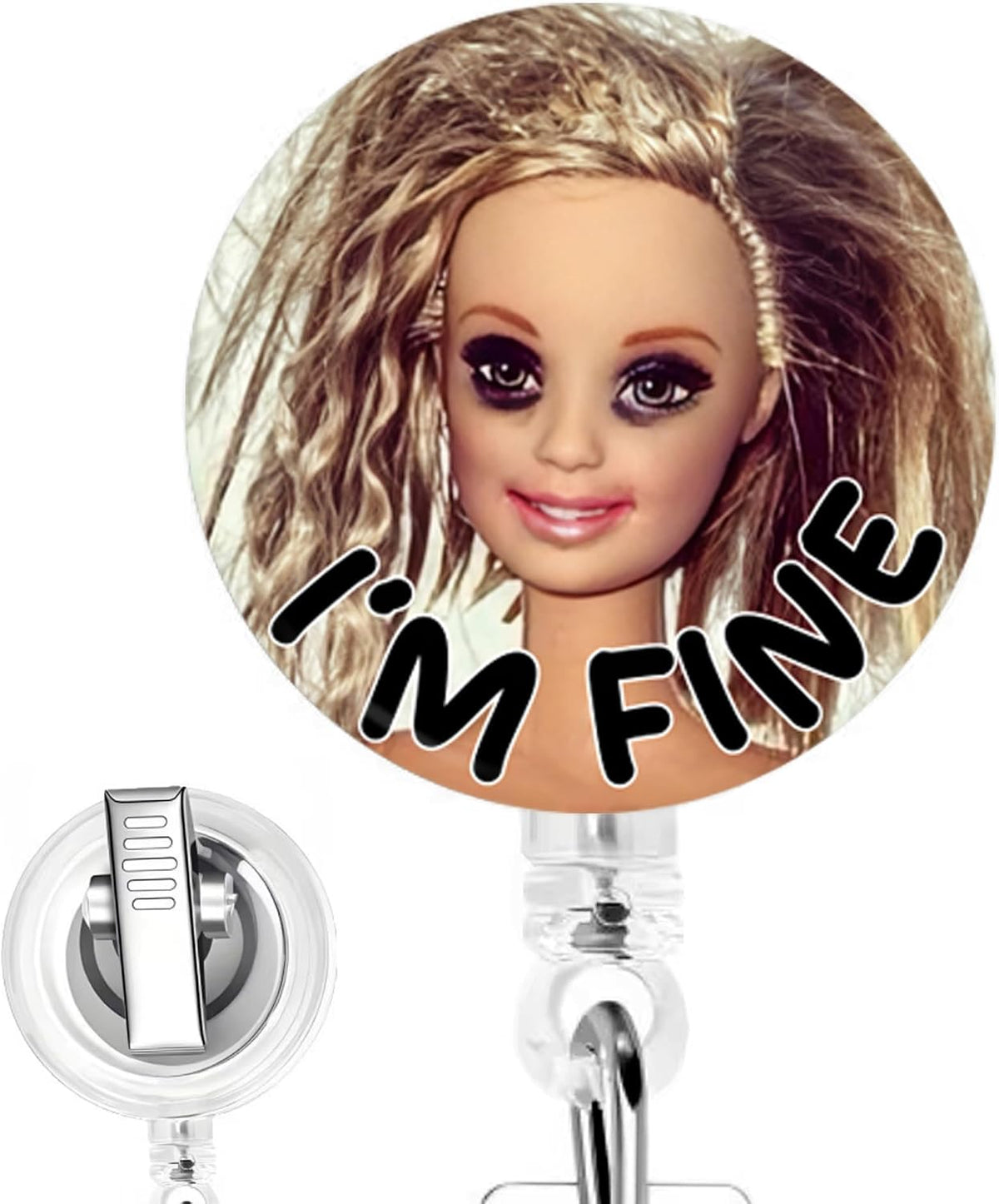 I'm Fine Blonde Messy Doll Nurse Badge Reel - Handmade Retractable Badge Clip for RN, Nursing Students, Healthcare Workers with Swivel Clip