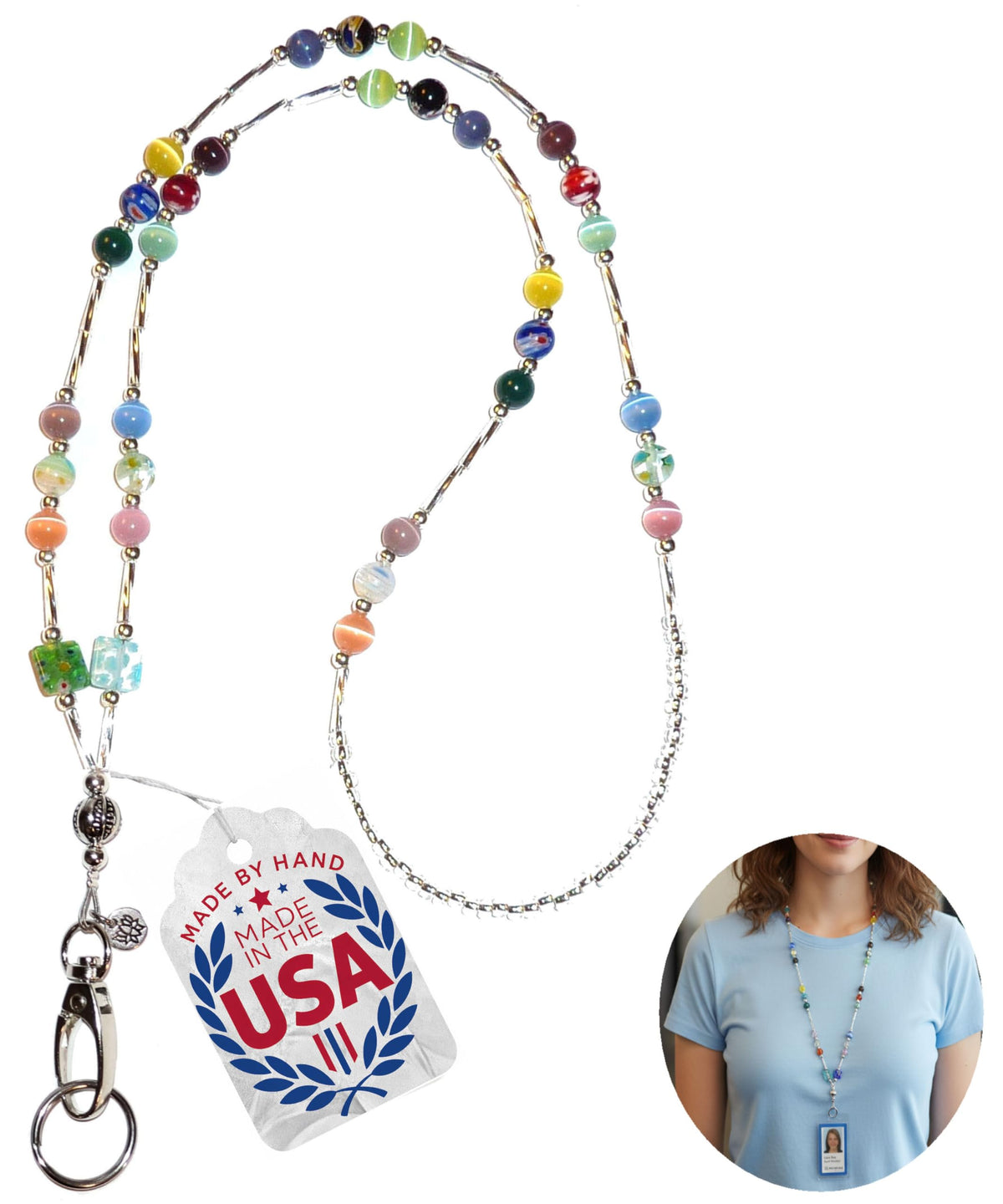 Hidden Hollow Beads SUPER Slim Hand Beaded in USA Women's Lanyard Strong Breakaway Teacher ID Badge Card Holder Keys Nurse
