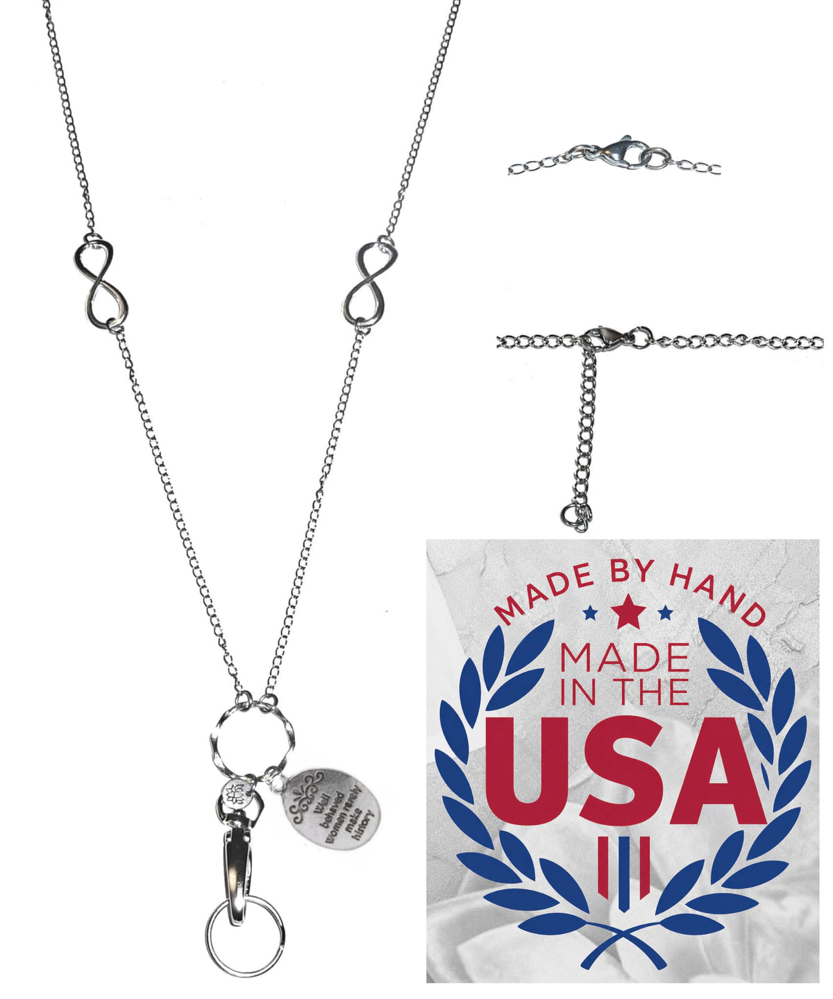 Hidden Hollow Beads Charm Stainless Steel Strong Hand Made USA Women's 34 "Lanyard, ID Badge Card Holder Teacher Nurse Keys